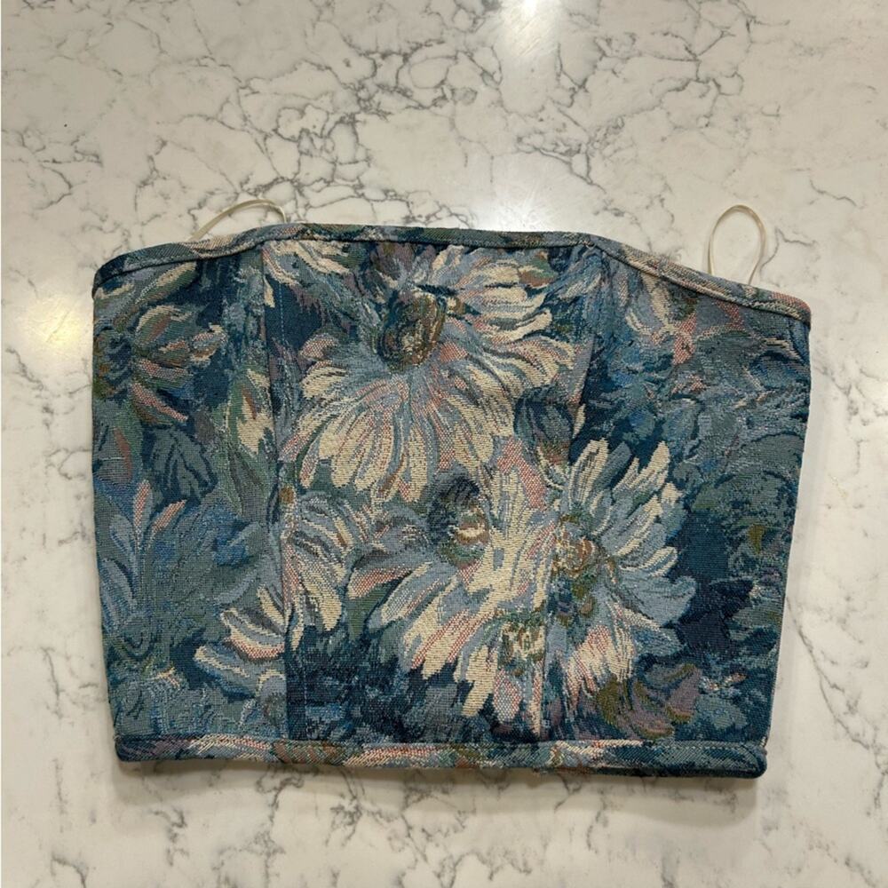 Fashion Nova Blue Floral Corset Top Strapless‎ Lace Back Size Small